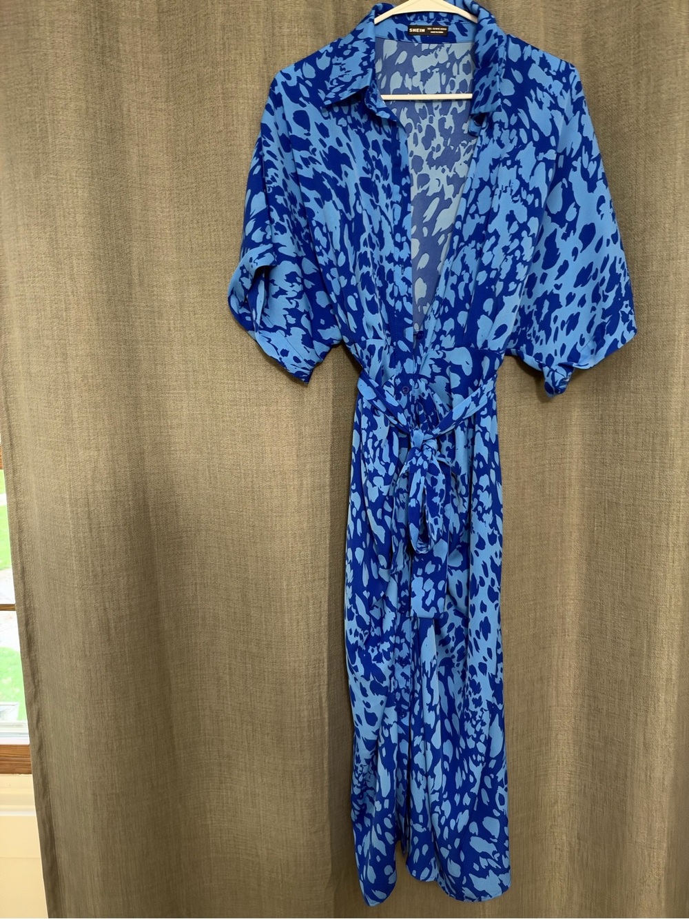Blue Animal-Print Tie-Waist Maxi Dress
